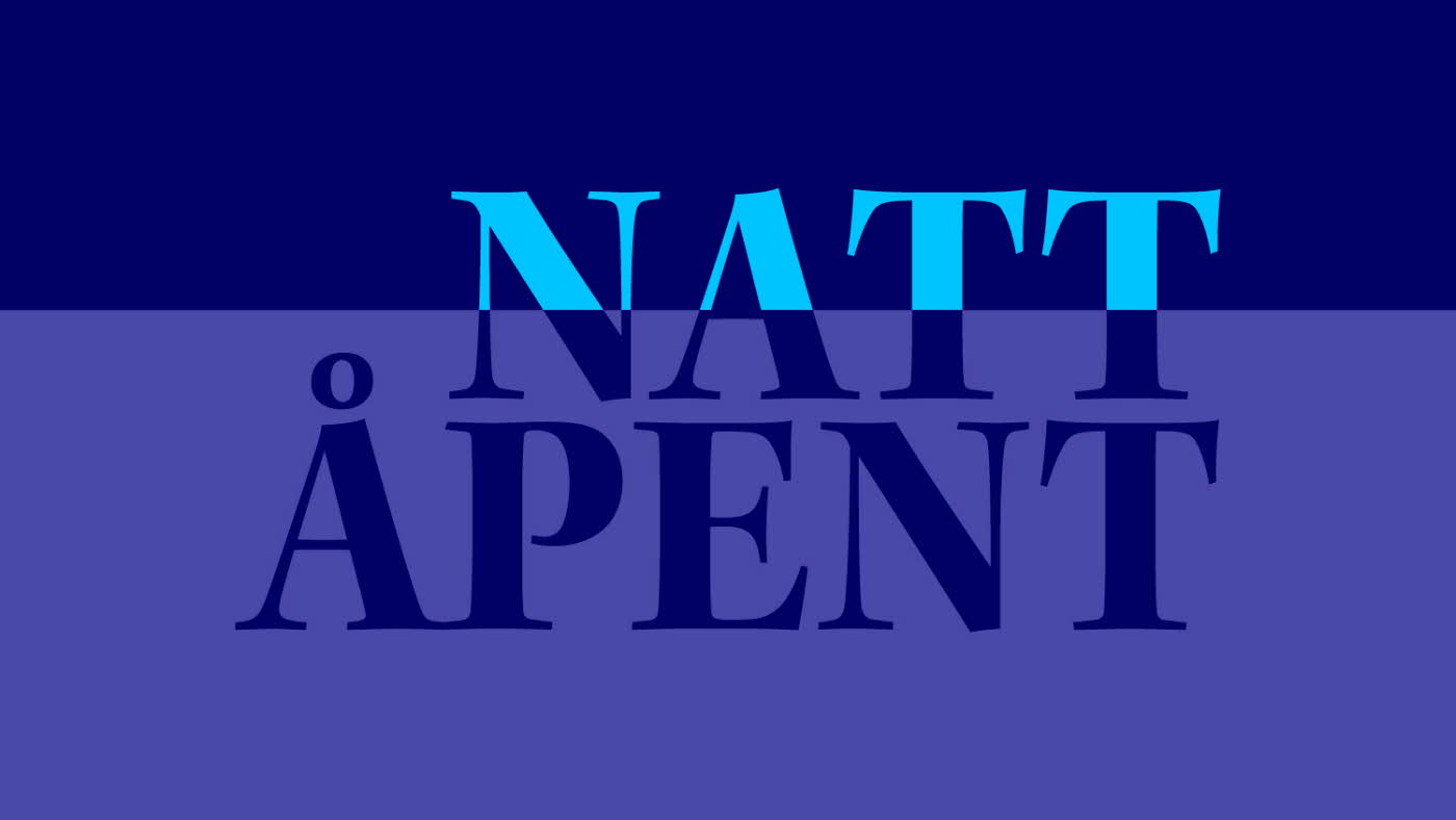 Grafisk blått blide med teksten "Nattåpent"