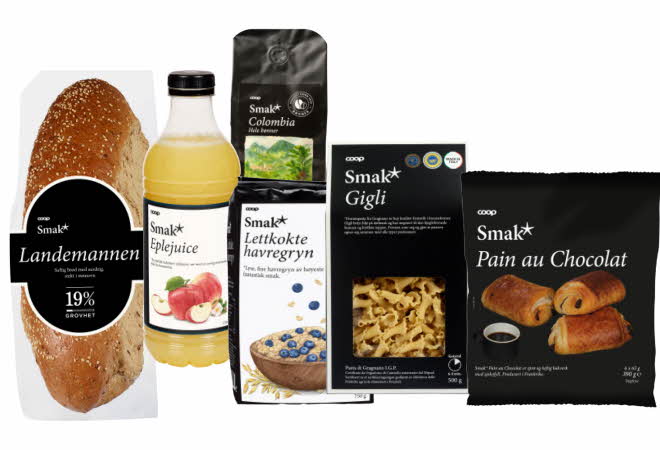 Et utvalg Coop Smak-produkter, inkludert brød, juice, havregryn, kaffe, pasta og croissanter.