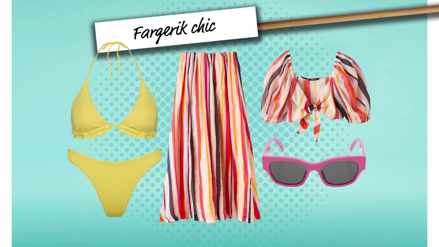 Turkis bakgrunn med skilt "Fargerik chic", bikini, skjørt, topp og solbriller