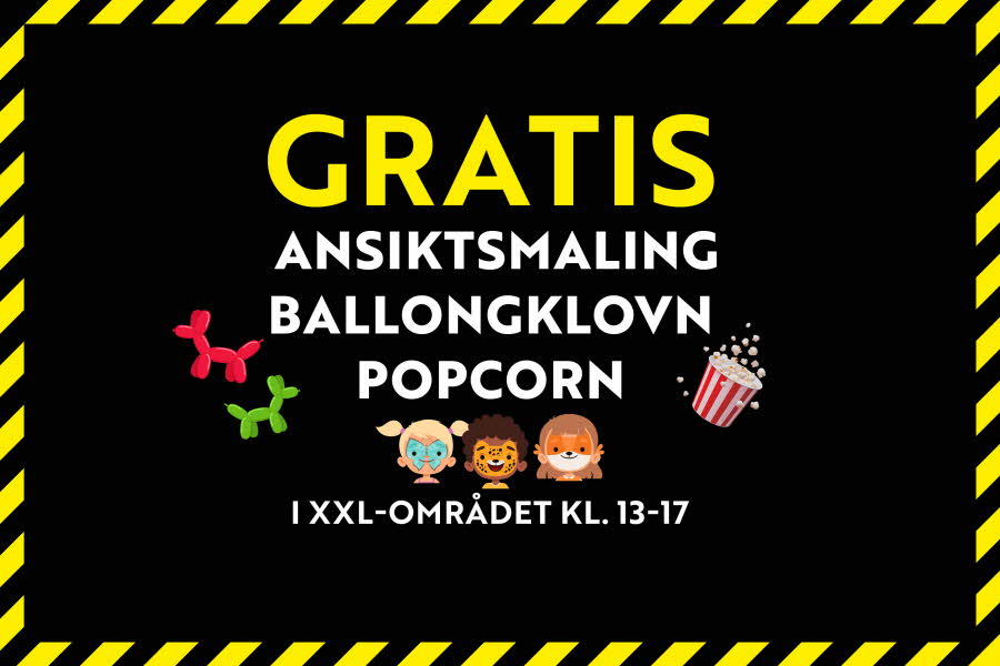 Sort bakgrunn med popcorn, ballongdyr og figurer og tekst "gratis ansiktsmaling ballongklovn popcorn"