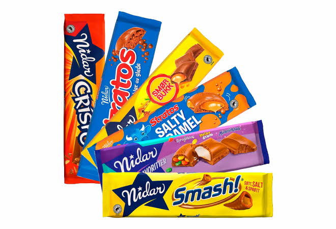 Seks forskjellige sjokoladeplater fra Nidar