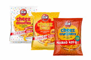 3 varianter av OLW Cheez snacks.