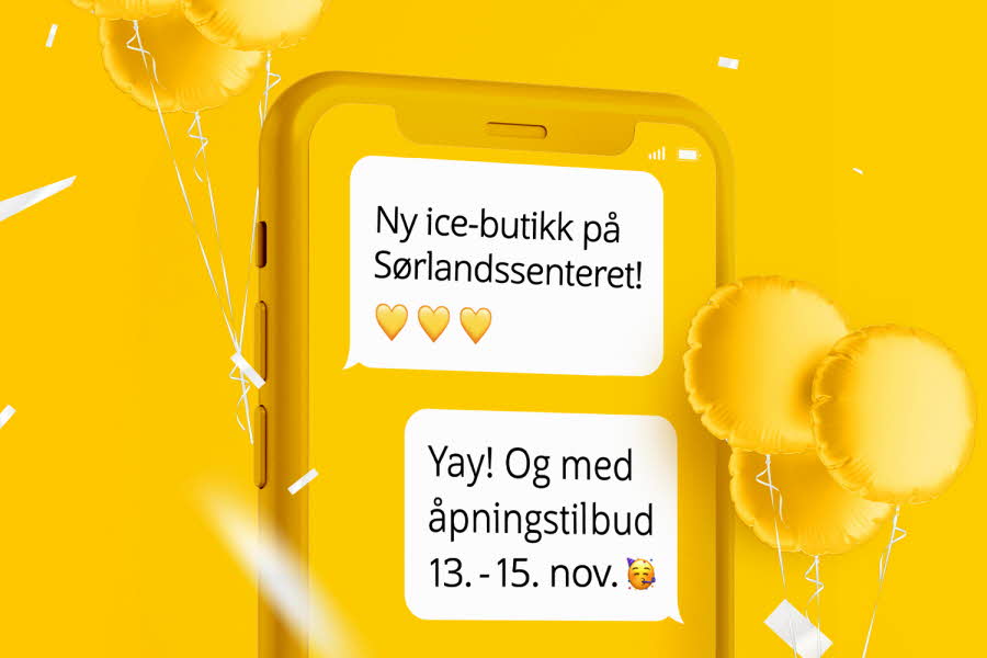 Ballonger og en mobiltelefon med meldinger på skjermen som sier "Ny ice-butikk på Sørlandssenteret! Yay og med åpningstilbud 13. - 15. nov"